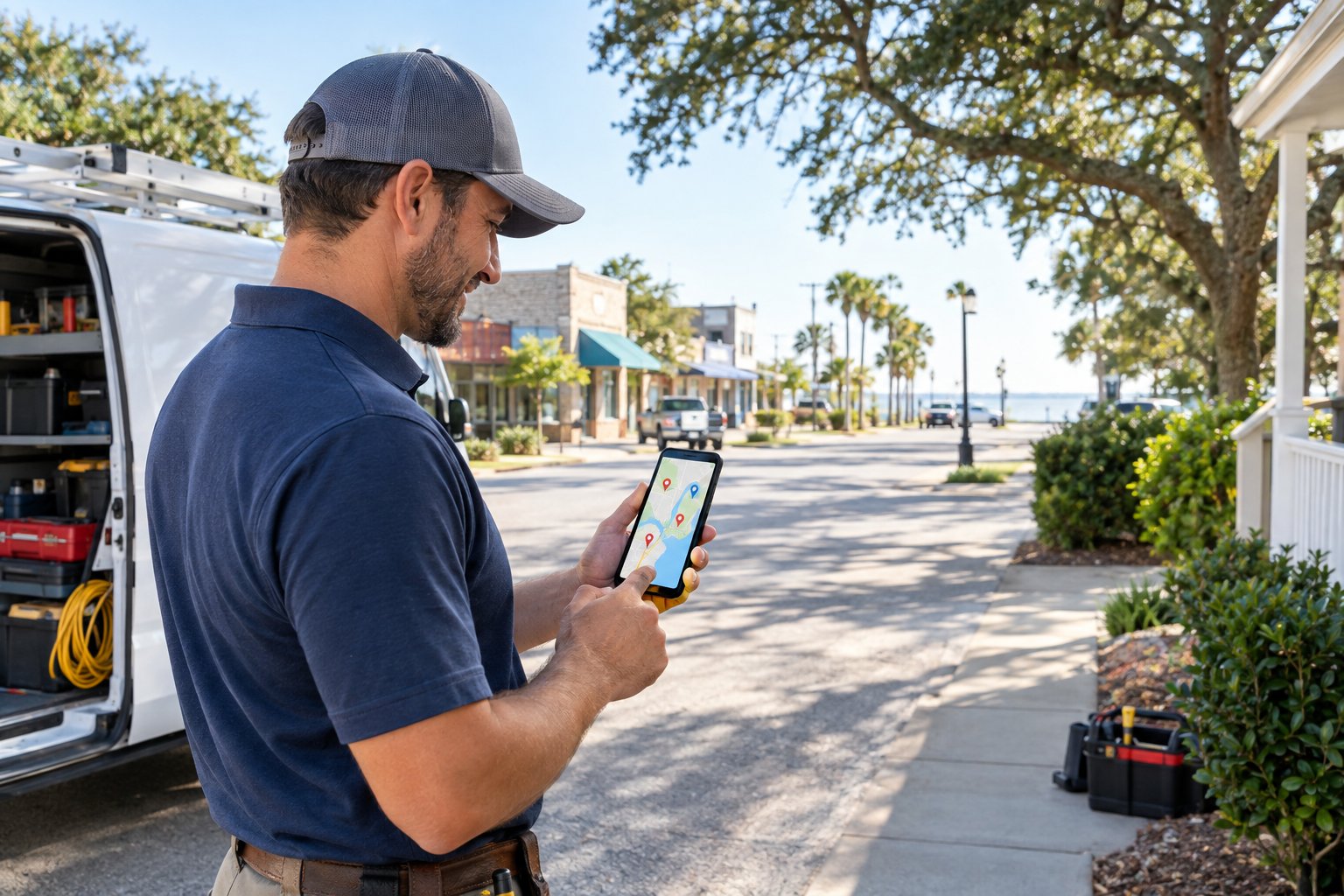 A local service professional checks a map on a smartphone outside a neighborhood business.